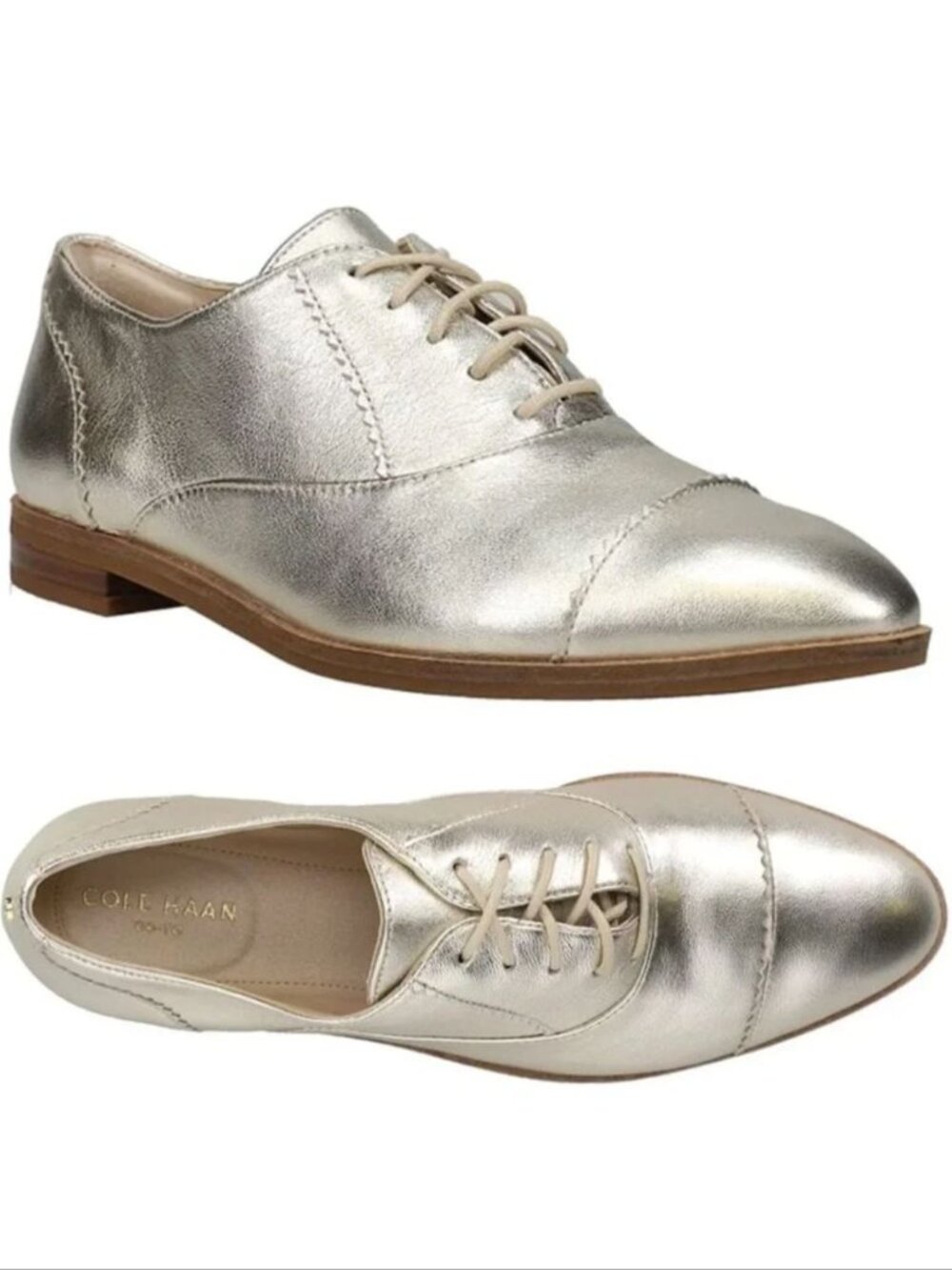 COLE HAAN The Go-to Arden Oxford Shoes Size 6.5 Soft Gold Metallic Leather NEW